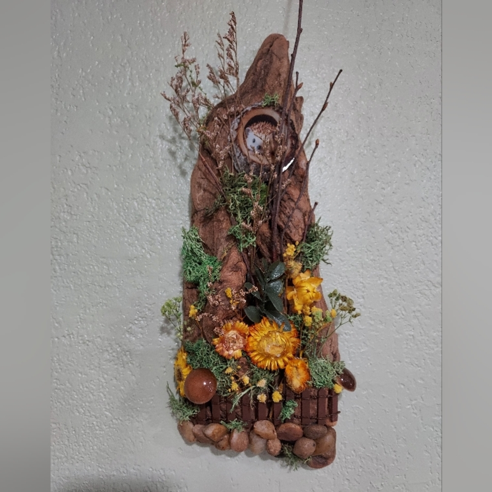Rustic Wood Headgehog Natural Wall Hanging  with Yellow Dried Flowers